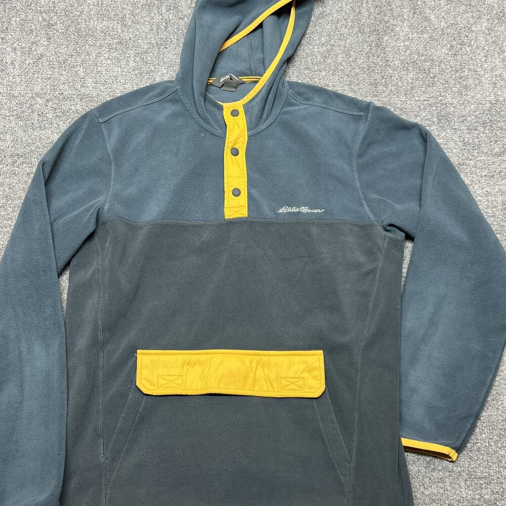 Eddie Bauer Hoodie Mens Medium Blue Fleece Snap Henley Pullover Kangaroo Pocket